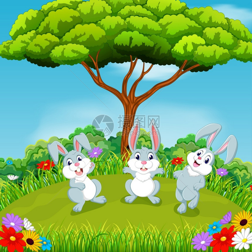 美丽的风景三只兔子一起在大树下玩耍图片