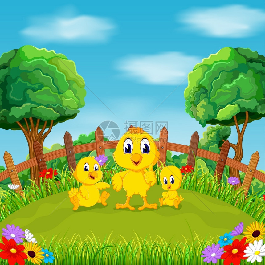 小黄鸡和朋友在田地花朵周围玩耍图片