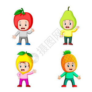 以不同姿势装饰水果服的男孩儿童收藏品图片