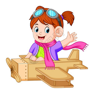 飞机上快乐女孩玩飞机游戏的可爱小女孩插画
