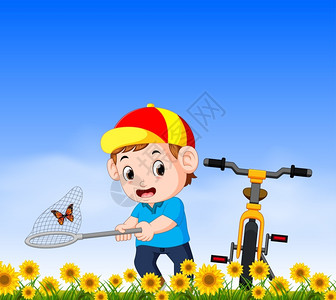 宝宝抓东西小男孩骑自行车在丛林里抓蝴蝶插画