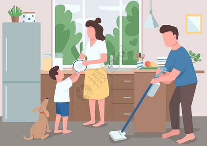 厨房的人父亲打扫厨房地板男孩帮助母亲洗碗插画