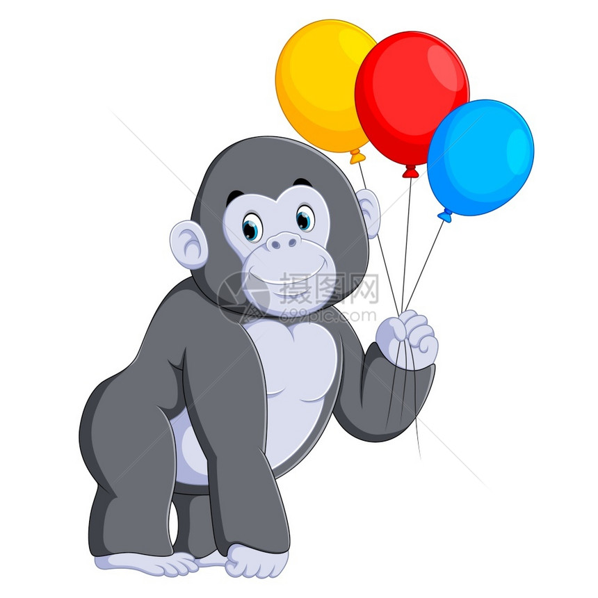 大猩猩站着拿彩色气球图片
