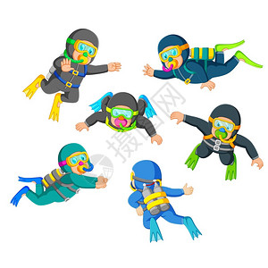 儿童吉祥物一组专业潜水员与良好的捕猎插画