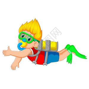 潜水的孩子一个男孩带着绿色游泳眼镜潜水插画