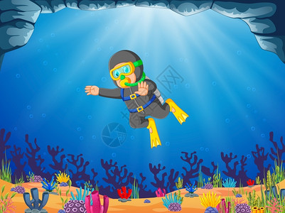 一个人在蓝色海洋背景下使用氧气管潜水背景图片