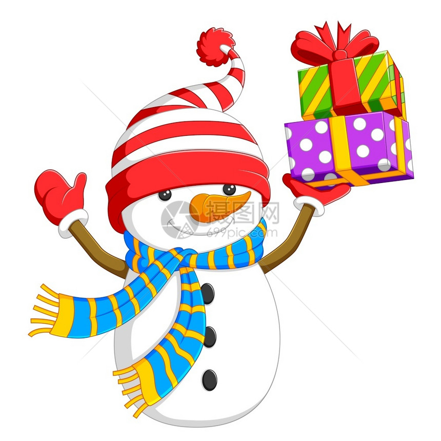 雪人举着一盒彩色的礼物图片