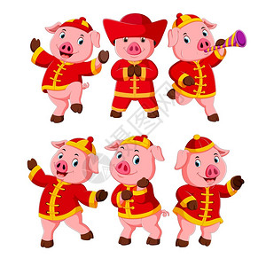 一群粉红小猪穿着新年服装图片
