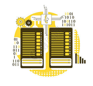 黄色中心线用于网络设计的服务器机架2d卡通构成计算机技术数据中心设备企业存储系统创意主机架概念矢量说明插画