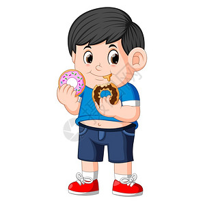 舔舐快乐可爱的小男孩正在吃两个甜圈插画