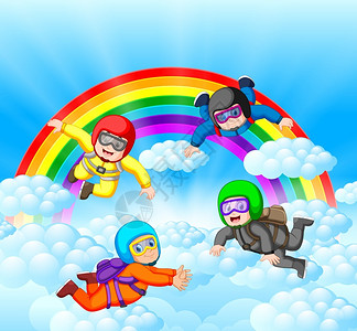 找彩虹的降落伞云彩风景的奇妙中玩得开心的天空飞人插画