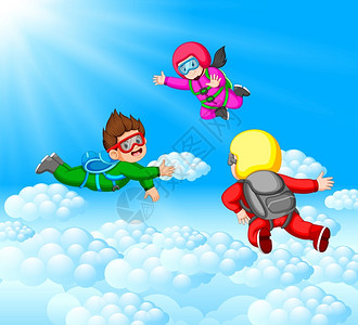 在天空中开心玩耍的小朋友卡通矢量插画图片
