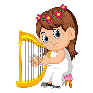 一个美丽的女孩长棕色头发弹着竖琴插画
