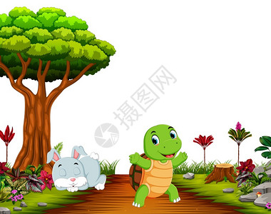 小孩注意力不集中一只兔子睡在树下乌龟路上奔跑插画