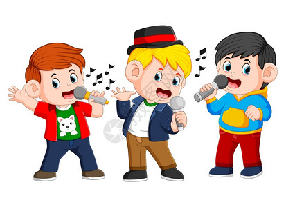 歌曲卡通三个男孩一起唱歌插画