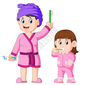 女性早起刷牙女孩在她妈身边刷牙插画