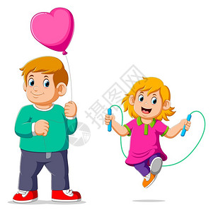 跳绳的男孩小女孩带着气球和弟一起跳绳插画
