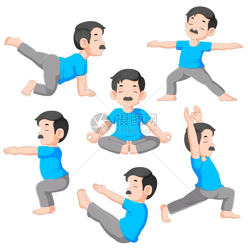 做瑜伽的男子卡通矢量插图图片