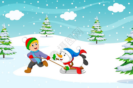 男孩拉扯雪橇一个男孩户外玩雪橇插画