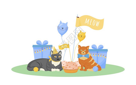 动物过生日过生日的可爱小猫咪卡通矢量插图插画