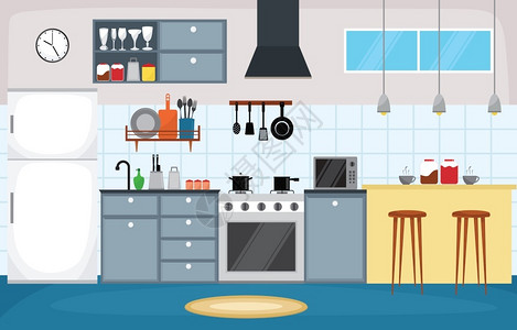 现代开敞厨房厨房室内家具插画