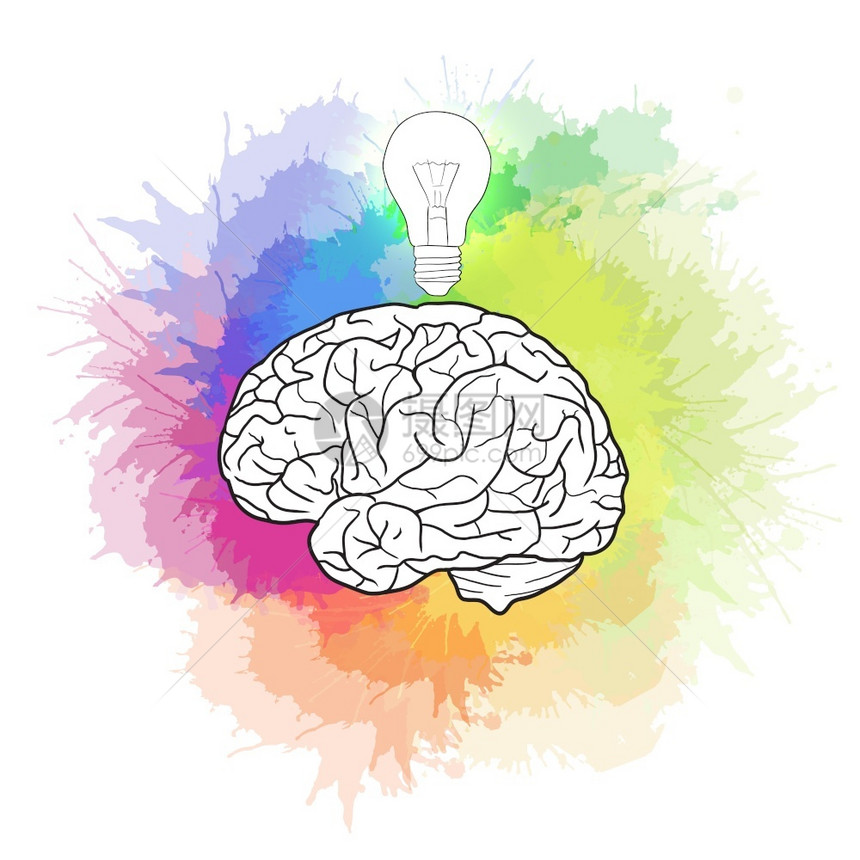用灯泡和彩虹水色喷雾来说明人类大脑的线图示创造想法用于设计的矢量图示用灯泡和彩虹来说明人类大脑的线图示图片