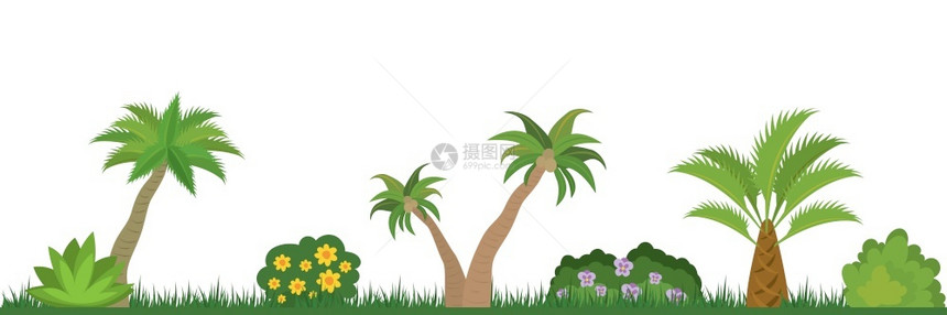 热带自然景观棕榈树草和灌木矢量元素图片