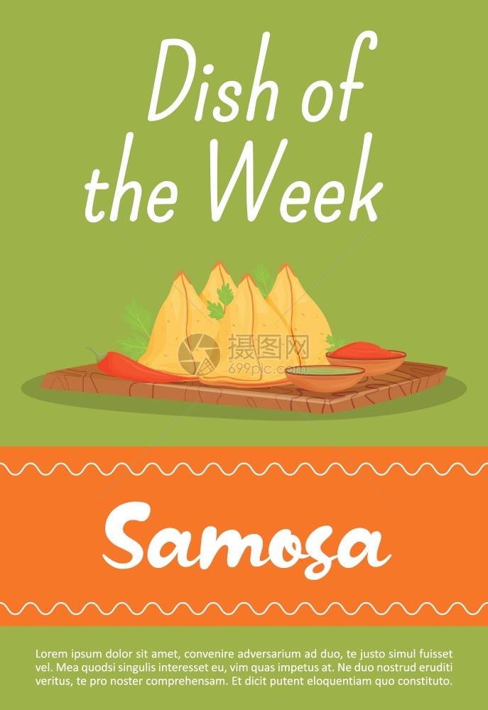 Samos传统的印度面餐海报平板矢量模餐饮周本小册子一页概念设计图片