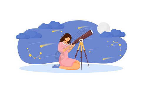 拿望远镜女孩女搜索星座2D卡通字符用于网络设计使用工具查看恒星和月亮夜空中观测创意插画