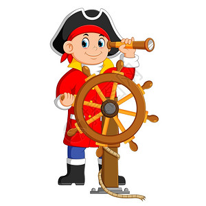 拿剑的男孩海盗拿着望远镜驾驶船插画