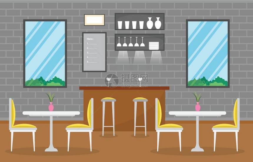 现代餐厅室内家具矢量插图图片
