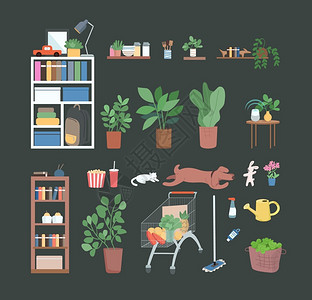 盆栽架家庭宠物猫和狗装书玩具的架清洁用品家务具绿色背景的2个孤立漫画插图插画
