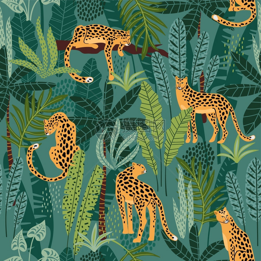潮流风格卡通可爱豹子和热带植物元素背景图片