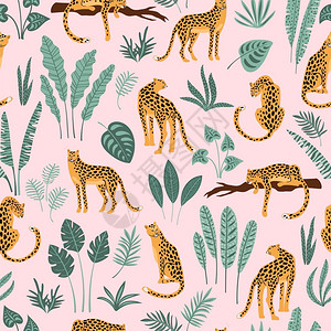 豹子和人潮流风格卡通可爱豹子和热带植物元素粉红色背景插画