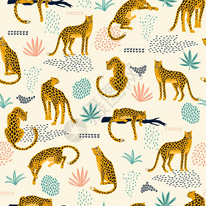 非洲豹潮流风格卡通可爱豹子和热带植物元素背景插画