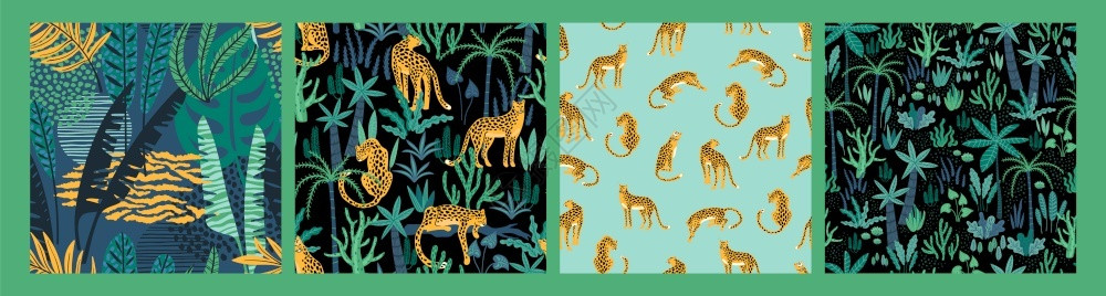 潮流风格卡通可爱豹子和热带植物元素背景背景图片