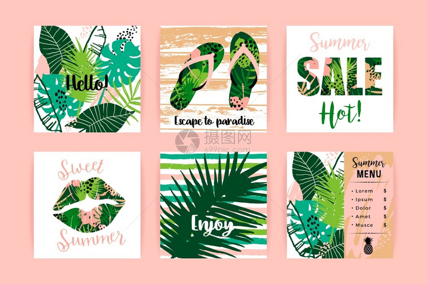 一套夏季热带设计用于卡片海报传单wedantoher的矢量模板图片
