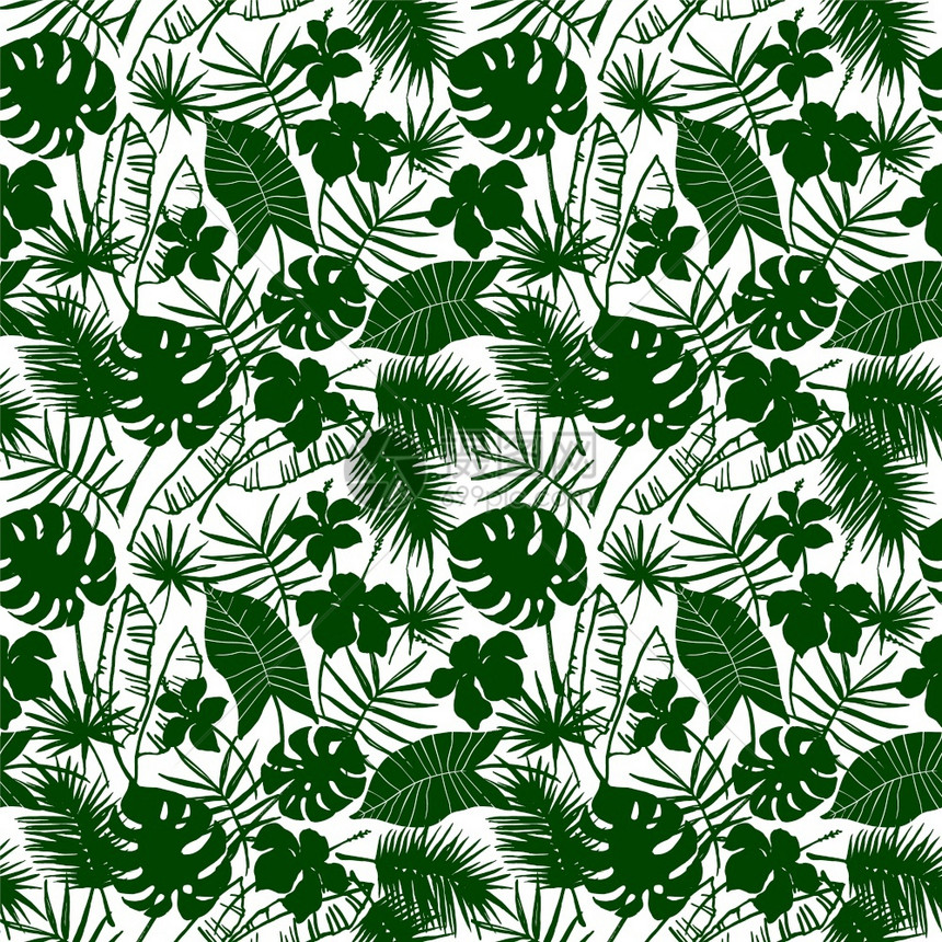 热带植物的无缝异国模式矢量手画背景图片