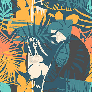 夏威夷人具有热带植物和艺术背景的无缝模式设计图片