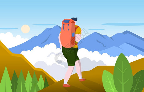松木贴图背着背包爬山的男孩插画