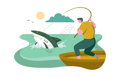 男子在渔船上捕鲨鱼矢量插画图片