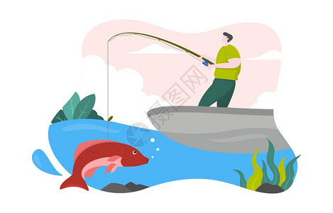 男子在渔船上钓鱼矢量插画图片