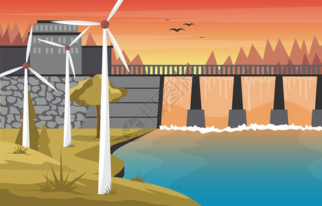 现代建筑拦河坝水电站风力发电机图片
