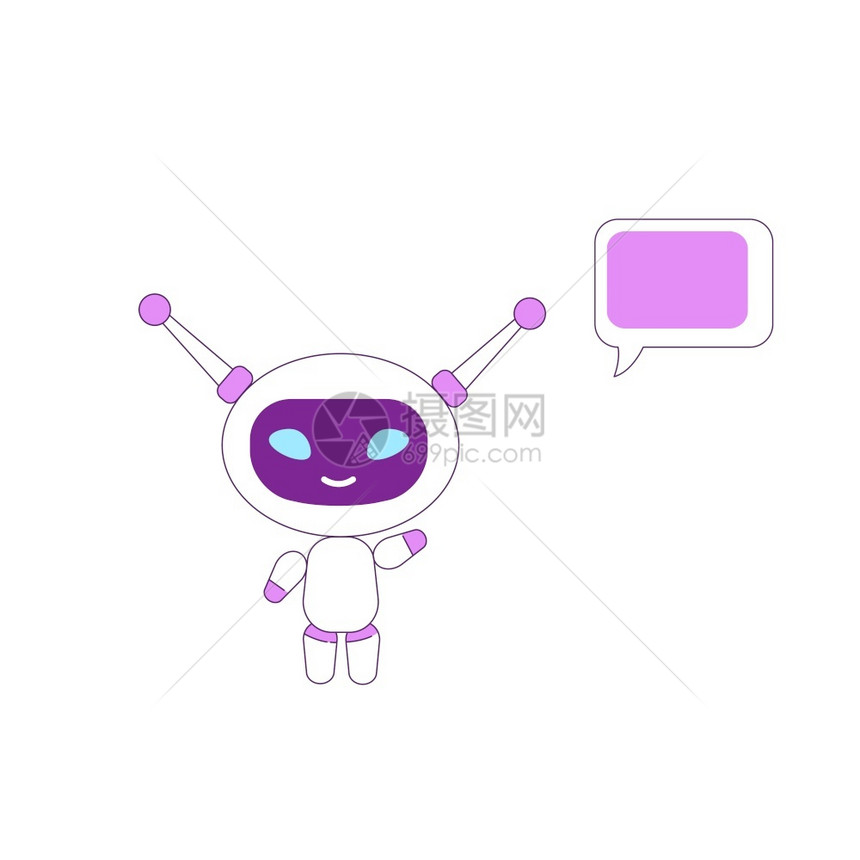 虚拟助理平板彩色矢量字符男孩机器人挥手男孩机器人挥手Ai微笑和问候紫人形机器配有语言泡孤立漫画插图用于网络形设计和动画图片