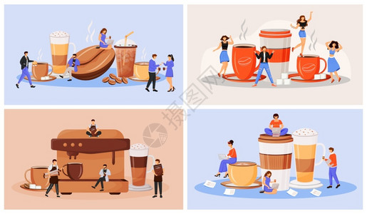 咖啡拿铁咖啡平板文化概念矢量插图集咖啡制作机准备美式咖啡的酒吧餐馆访客2D卡通人物用于网络设计插画