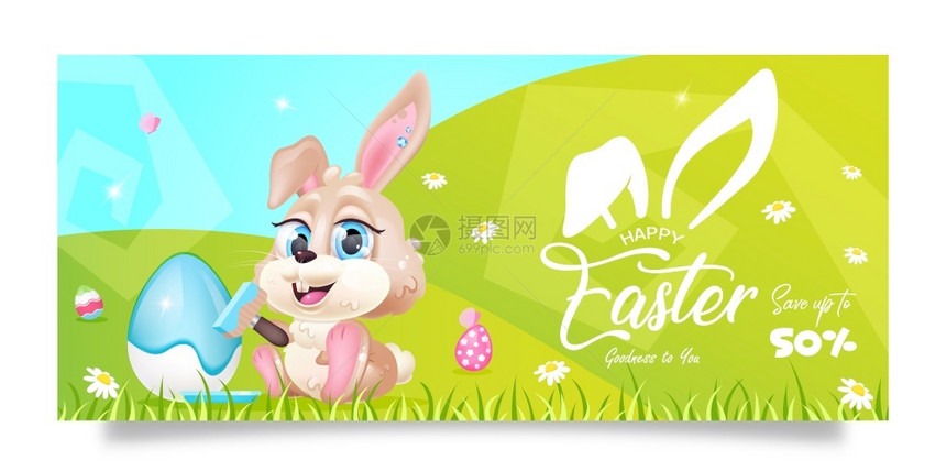 Pasch快乐销售帕斯查横幅平板矢量模春季复活节宣传单设计兔子用绿色草卡通字符设计可打印明信片假日折扣和特别提供横向海报图片
