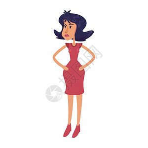 暴躁的女人愤怒的女子平板卡通矢量插图穿着红裙子的优雅黑发女士感到沮丧准备使用2D字符模板进行广告动画打印孤立的漫画英雄插画