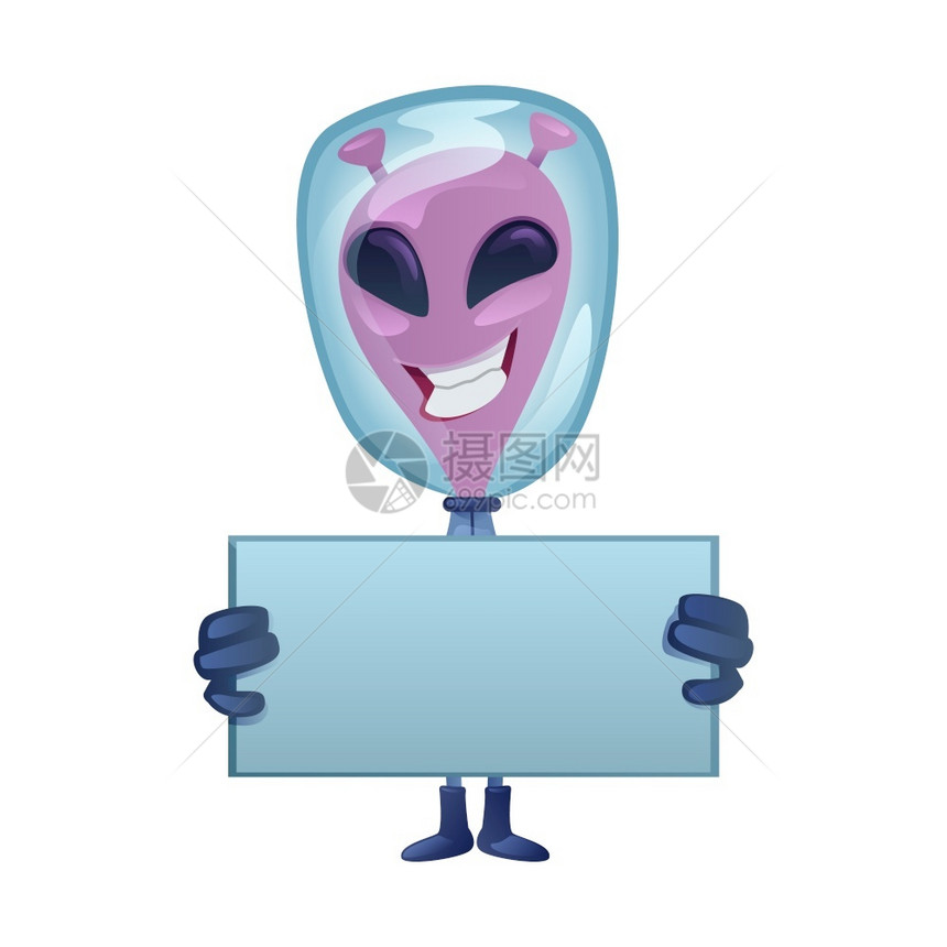 微笑的马提安语带空白横幅平面卡通矢量插图快乐的外星人准备使用2D字符模板用于商业动画打印设计孤立的漫画英雄图片