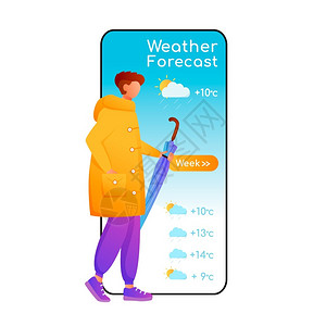 雨伞模板具有平板字符设计模型的移动电话显示器男带雨伞穿衣气象应用电话界面插画