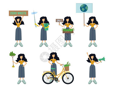 环保志愿工作女常住者生态运输准备使用2个漫画字符集的商业动画印刷模板图片